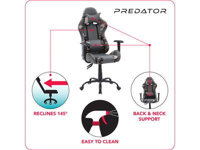 grey and camo Recliner Gaming Chair Predator Collection infographic by CorLiving#color_grey-and-camo