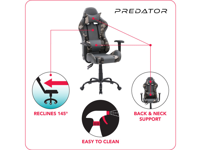 grey and camo Recliner Gaming Chair Predator Collection infographic by CorLiving